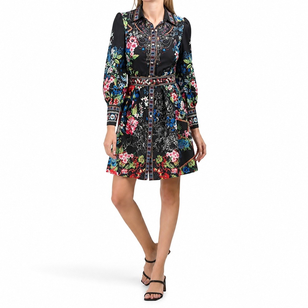 NWT Dalia MacPhee Floral Shirt Dress Black Multi Button Front Long Sleeve M